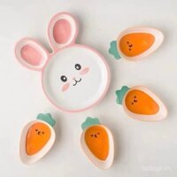 Bộ đồ ăn trẻ em sáng tạo hình thỏ dễ thương, đĩa chia ngăn độc đáo, đĩa sâu cho trẻ em