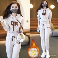 Bộ đồ áo hoodie có mũ thường ngày thời thượng mẫu mới mùa thu đông 2024 Bộ đồ nữ áo lót nhung quần thể thao bó chân Bộ hai chiếc