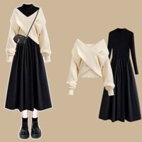 Bộ đồ Áo len dệt kim cao cấp + Đầm dáng dài phong cách thời trang Hàn Quốc nữ