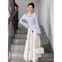 Bộ đồ áo trễ vai phong cách ngọt ngào Áo Thun Dài Tay Hot Girl Thiết kế đầu thu cho nữ chân váy thắt nơ cạp cao