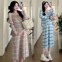 Bộ đồ bà bầu mùa thu Bộ đồ bà bầu Áo len bà bầu Áo khoác hai mảnh váy dây dệt kim sọc trang phục thu đông