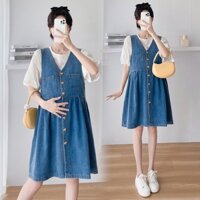 Bộ đồ bà bầu Phiên bản Hàn Quốc Đầm bà bầu Denim Áo Vest cổ tròn Áo sơ mi nửa tay dành cho bà bầu + Váy Denim Hai mảnh mỏng hơn Nhìn bao gồm chuông