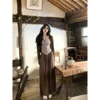 Bộ Đồ Ba Mảnh Áo 2 Dây Vạt Chéo, Áo Cardigan Dài Tay, Quần Ống Rộng Kiểu Dáng Đơn Giản