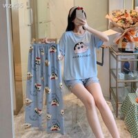 Bộ đồ ba mảnh cotton ngắn tay mùa hè của nữ , mỏng dễ thương dịch vụ sinh viên hoạt hình tại nhà có thể mặc bên