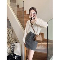 Bộ đồ ba mảnh kiểu Mỹ dáng rộng cổ chữ V rỗng Áo ngọt ngào màu đen mát mẻ Váy Denim