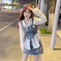 Bộ đồ ba mảnh mặc cổ điển sang trọng hai dây chân váy tôn dáng gầy cho nữ áo sơ mi hot girl denim viền lông cạp cao độc đáo TJUU