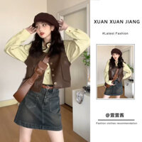 Bộ Đồ Ba Mảnh Phong Cách Nữ Áo Vest Mùa Thu Nguyên Chất Váy Denim Tay Dài Cao Cấp Áo Băng Đầm Da Áo Khoác Mới XL7P