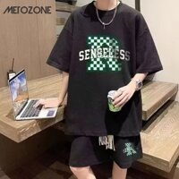 Bộ đồ bánh quế phong cách Hàn Quốc Áo thun ngắn tay in chữ + quần quý cao cấp phong cách đại học lười biếng thể thao