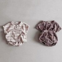 Bộ đồ bánh quế sọc thường ngày dành cho trẻ em Quần Short ngắn tay Cotton mùa hè Bộ đồ hai mảnh