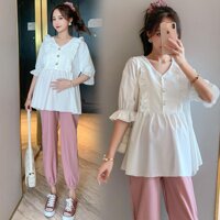 BỘ ĐỒ BẦU áo BABYDOLL quần ống rộng bo gấu trẻ trung năng động BĐ932 - BĐ932 Trắng Hồng