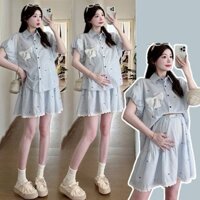 Bộ đồ bầu siêu tin thiết kế áo kèm chân váy giả quần có chun chỉnh bụng thoải mái cho từng thai kỳ X186