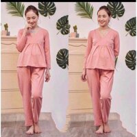 Bộ Đồ bầu thun cotton dài vạt chéo mặc bầu và sau sinh - hồng