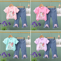 Bộ đồ bé gái Áo thun nửa tay kỳ lân + Quần Denim Thời trang bé gái Bộ đồ hai mảnh Quần áo đi chơi hàng ngày 1-3 tuổi