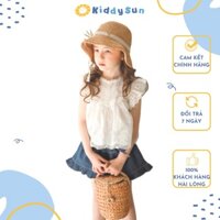 Bộ đồ bé gái Kiddysun áo trắng cotton ren trắng + quần bò chun mềm giả váy xanh 2.3.4.5.6.7.8.9.10.11.12 tuổi V134