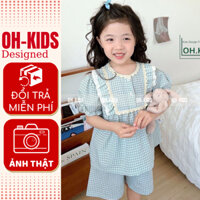 Bộ đồ bé gái ngắn tay OH KIDS vải thô cotton kẻ caro phối ren bộ đồ mặc ở nhà cho bé 9-32kg