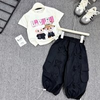 Bộ đồ bé gái, sét đồ bé gái 2 chi tiết áo thun in hình labubu kèm quần jogger đính nơ HN-KIDSS 240151 .