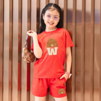 Bộ đồ bé gái thun cotton in hình mũ W  - Set đồ cho bé gái cân nặng từ 15-40kg (áo phông + quần đùi) - Loza Kids SB02