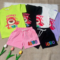 Bộ đồ bé gái thun cotton phối quần đùi hình in GẤU DÂU LOSTSO,thời trang cho bé gáu 13 đến 36kg