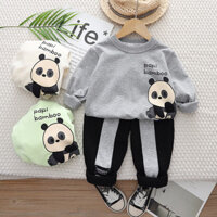 Bộ đồ bé trai 0-5 tuổi dài tay cổ thủy thủ đoàn mùa xuân thu phù hợp với bộ đồ hoạt hình mới bé trai gấu trúc áo len quần hai mảnh cotton thời trang