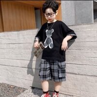 Bộ đồ bé trai Babekids cotton phối quần caro Gấu nhồi bông,set quần đùi áo thun cho trẻ em từ 4 đến 10 tuổi