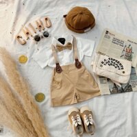 Bộ đồ bé trai chất thô mềm mát set yếm nâu kem áo sơ mi trắng kèm nơ thời trang công tử cho bé mặc đi chơi size 1-7 tuổi