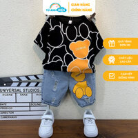 Bộ đồ bé trai GC áo thun cổ tròn tay lửng in hình Gấu, quần jean short lửng thời trang bộ trẻ em 1-7 tuổi (9-24kg)