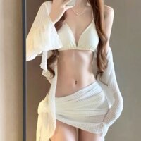 Bộ Đồ Bikini Cho Nữ 4 Mảnh Đi Biển Chất Liệu Vải Xốp Cao Cấp Màu Trắng Kèm Mút Phong Cách Hàn Quốc