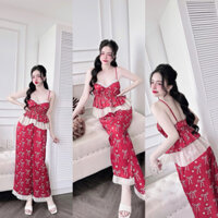Bộ đồ bộ dài cao cấp sang áo dây + quần dài ống suông lụa Latin in  40_65 kg vừa.