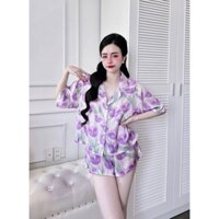 Bộ đồ bộ đồ mặc nhà thương hiệu la-tim chính hãng quần đùi áo croptop cánh dơi tay ngắn lụa cao cấp L005