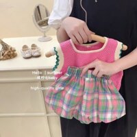 [Bộ đồ] Bộ đồ Vest kiểu phương Tây phong cách mới cho bé gái Bộ đồ quần short Bud ca rô