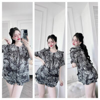 Bộ đồ bộ mặc nhà áo viền bèo cúc ngọc trai lụa latin 40-70kg vừa.