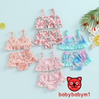 Bộ Đồ Bơi Áo Crop Top Trễ Vai + Quần Ngắn Nhún Bèo Thời Trang Đi Biển Cho Bé Gái
