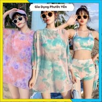 Bộ đồ bơi áo tắm bikini đi biển nữ gồm áo , quần , áo choàng ngoài 3 chi tiết thời trang họa tiết loang hot trend 2022