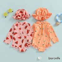 Bộ đồ bơi bảo vệ phát ban cho bé gái tập đi Lemon / Dưa hấu in hình dài tay Mock Cổ có dây kéo Bộ đồ tắm có mũ