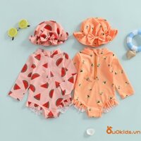 Bộ đồ bơi bảo vệ phát ban cho bé gái tập đi Lemon / Dưa hấu in hình dài tay Mock cổ có dây kéo Bộ đồ tắm có mũ