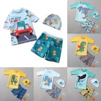 Bộ Đồ Bơi Bé Trai 3 Chi Tiết: Áo Bơi Ngắn Tay, Quần Bơi, Mũ Bơi Họa Tiết Khủng Long