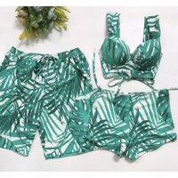 Bộ đồ bơi bikini cạp cao màu xanh họa tiết nhiệt đới