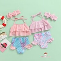Bộ đồ bơi bikini gồm áo yếm màu trơn nhún bèo và quần tiên cá kèm băng đô cho bé gái sơ sinh XZQ7