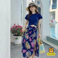 Bộ đồ bơi, bộ tắm đi biển bikini 3 mảnh áo croptop kèm khăn voan 8107