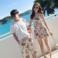 Bộ đồ bơi cặp đôi mới cho nữ, phong cách Hàn Quốc, váy hai mảnh hoa và quần short boyshort cho nam, quần short bãi biển năm điểm