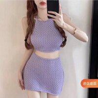 bộ đồ bơi cổ yếm chân váy len móc sịn sò ms320