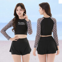 Bộ đồ bơi croptop tay dài phối lưới Summer Holiday cho bé gái tuổi teen 32-50kg