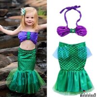 Bộ đồ bơi hai món phong cách nàng tiên cá gồm áo cổ yếm hình vỏ sò + đuôi cá tulle dễ thương cho bé gái