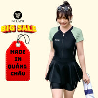 Bộ đồ bơi inflachi nữ bigsize liền thân dáng váy cộc tay quần đùi màu đen kín đáo tôn dáng che khuyết điểm 747 C-7