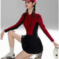 Bộ đồ bơi liền dài tay đỏ phối chân váy rời đen thời trang nữ