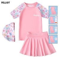 Bộ đồ bơi màu hồng dành cho bé gái PELLIOT: Rash Guard, Váy, Mũ phù hợp, Kính và Phao cho bể bơi vui nhộn