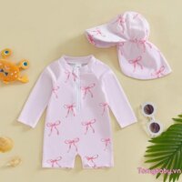 Bộ đồ bơi mùa hè cho bé gái nơ / Áo dài tay in hình anh đào có dây kéo Bộ đồ tắm có mũ