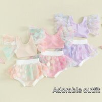 Bộ đồ bơi mùa hè cho bé gái mới biết đi Trang phục lưới áo Vest không tay thắt nút có quần short Bikini