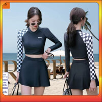 Bộ Đồ bơi nữ bikini croptop bikini Quảng Châu đồ bơi nữ tay dài phối caro, bikini đi biển Nes CRT07