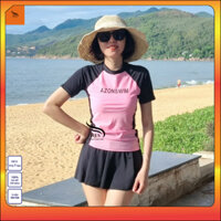 Bộ Đồ bơi Nữ NES Bikini 2 mảnh Áo phối Hồng in chữ Ngắn tay Chân váy rời năng động kín đáo NS073